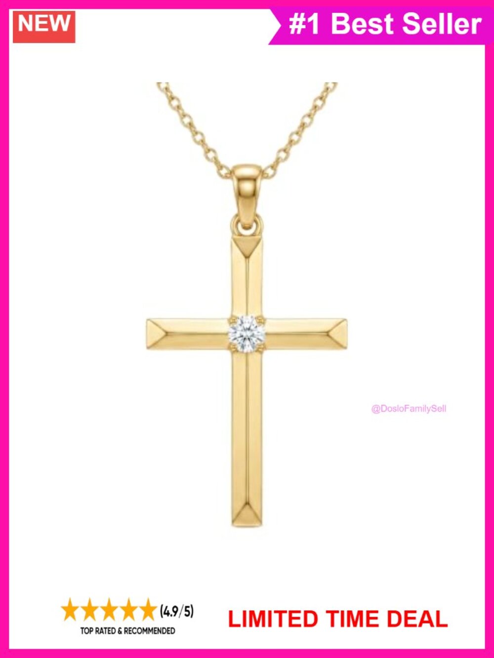 14K Gold Plated Cross Pendant Necklace with 3mm Lab Grown Diamond